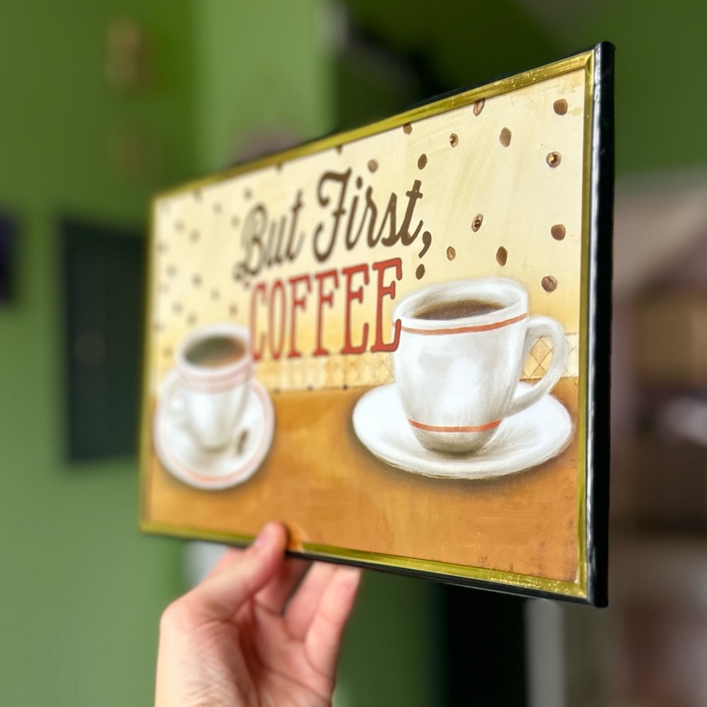 Rustic Kitchen Coffee Beans & Coffee In Cups Saucer Framed Wall Decor Art - Picture 2 of 6